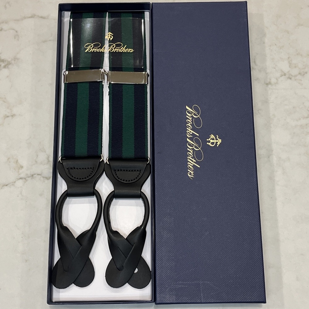 BROOKS BROTHERS NEW Striped Navy Green Nylon Leather‎ Suspenders Silver Tone